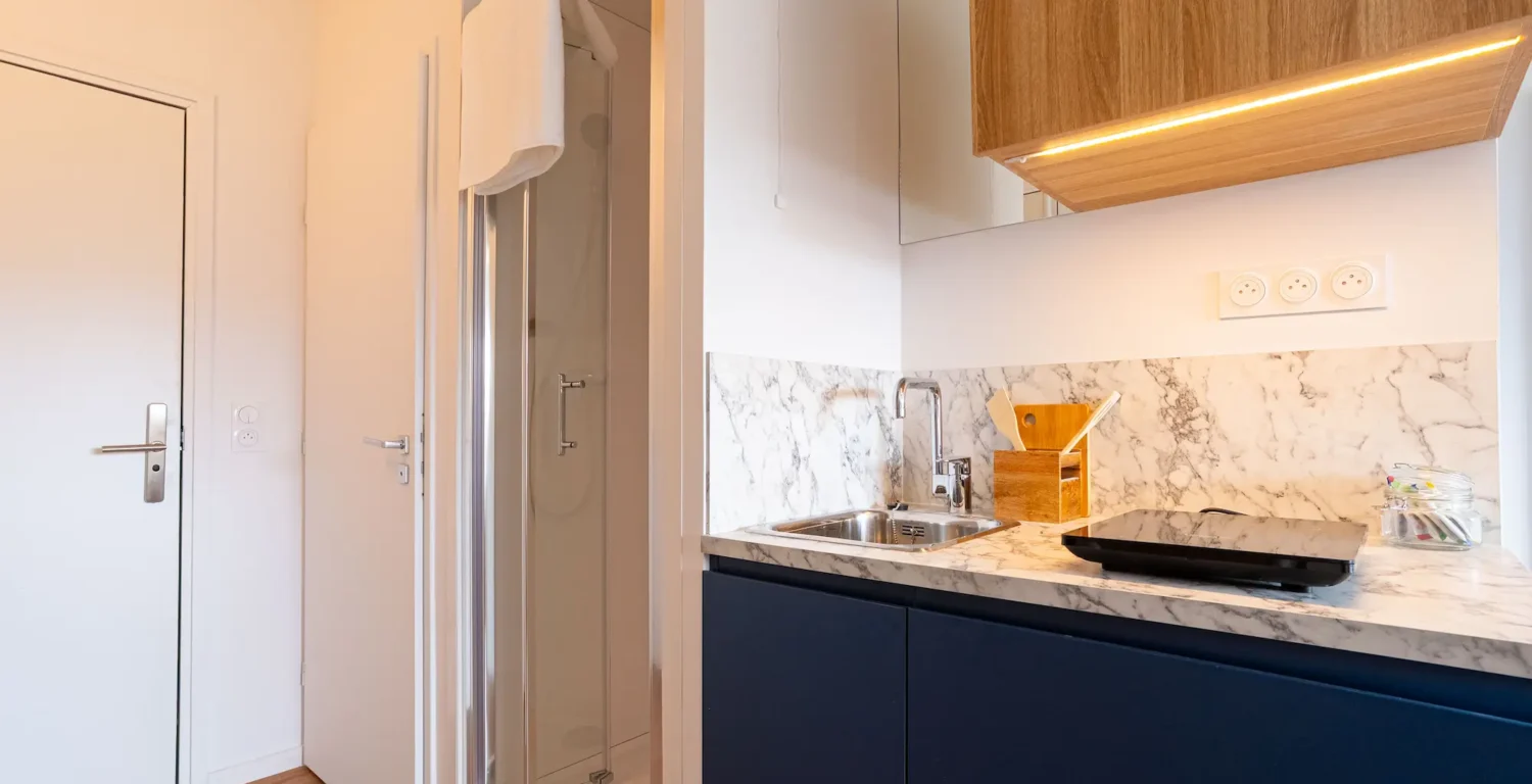 mini studio moderne à Genève Archamps résidence Ecla avec coin cuisine équipé